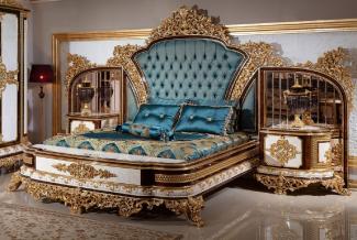 Casa Padrino Luxus Barock Doppelbett Blau / Weiß / Braun / Gold - Prunkvolles Massivholz Bett mit verspiegeltem Kopfteil - Schlafzimmer Möbel im Barockstil - Edel & Prunkvoll