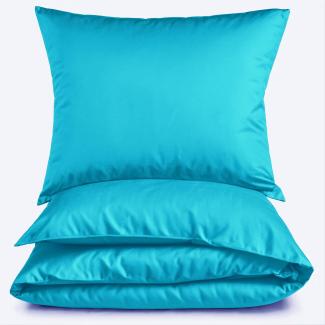 Mako-Satin Bettwäsche "Premium" aus 100% Baumwolle - Uni Aqua 155 x 220 cm und 80 x 80 cm