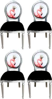 Casa Padrino Luxus Barock Esszimmer Set Flamingo mit Krone Schwarz / Mehrfarbig / Silber 48 x 50 x H. 98 cm - 4 handgefertigte Esszimmerstühle mit Bling Bling Glitzersteinen - Barock Esszimmermöbel