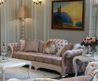 Casa Padrino Luxus Barock Wohnzimmer Sofa Rosa / Lila / Weiß / Beige 265 x 97 x H. 84 cm - Massivholz Sofa mit elegantem Muster und dekorativen Kissen - Wohnzimmer Möbel im Barockstil