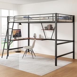 Merax 90x200cm Bettgestell Metallbett, Eisenbett, Hochbett mit L-förmigem Schreibtisch und einem Regal für Kinder, Jugendliche und Erwachsene, schwarz