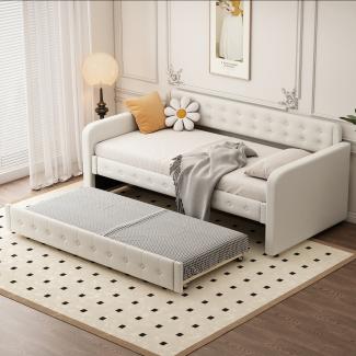 Merax 90*200cm Sofabett, Tagesbett, mit ausziehbares rollbett, großer Stauraum, hellbeige