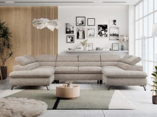 Ecksofa U-Form, mit Bettkasten, Bettfunktion und Einstellbare Kopfstützen, Sofa big XXL - PETER U - Beige Stoff