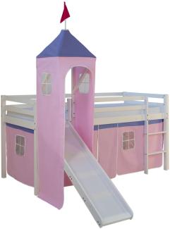 Homestyle4u Spielbett mit Turm und Rutsche, Rosa, Kiefernholz rosa / weiß, 90 x 200 cm