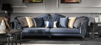 Casa Padrino Luxus Barock Wohnzimmer Sofa Blau / Silber / Schwarz 300 x 94 x H. 88 cm - Edel & Prunkvoll