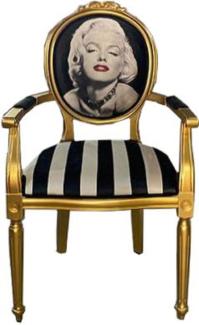 Casa Padrino Barock Esszimmerstuhl Marilyn Monroe Schwarz / Weiß / Gold - Handgefertigter Antik Stil Stuhl mit Armlehnen - Esszimmer Möbel im Barockstil