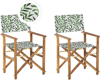 Gartenstuhl Akazienholz hellbraun Textil cremeweiß grün Blattmuster 2er Set CINE