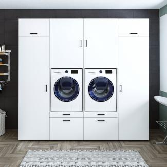 Roomart • Waschmachinen Schrankwand Hauswirtschaftsraum & Waschküche • Mit Schubladen und Ausziehbrett • 254 cm Breit • Weiß