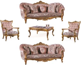 Casa Padrino Luxus Barock Wohnzimmer Set Rosa / Gold - 2 Sofas & 2 Sessel & 1 Couchtisch - Wohnzimmer Möbel - Edel & Prunkvoll