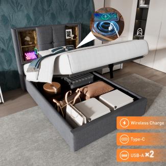 Merax 90x200cm Einzelbett mit Kabellosem Laden USB C, Polsterbett , Bettgestell mit Stauraum Lattenrost aus Holz-Grau Baumwolle (Ohne Matratze)