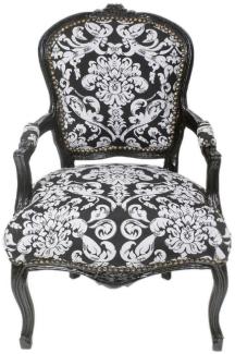Casa Padrino Barock Salon Stuhl mit Armlehnen und elegantem Muster Schwarz / Weiß 60 x 60 x H. 95 cm - Handgefertigter Antik Stil Stuhl - Möbel im Barockstil