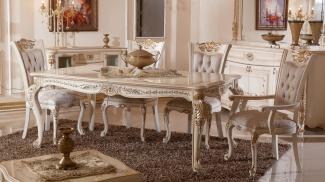 Casa Padrino Luxus Barock Esszimmer Set Grau / Weiß / Beige / Gold - 1 Barock Esstisch & 6 Barock Esszimmerstühle - Luxus Esszimmer Möbel im Barockstil - Prunkvolle Barock Esszimmer Möbel