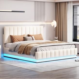 Merax Polsterbett 160 x 200 cm mit LED, Metalllattenrost, Doppelbett mit höheverstellbarem Polsterkopfteil, Weiß(ohne Matratze)