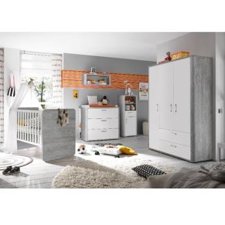 Storado 'Frieda' 5-tlg. Babyzimmer-Set für Zwillinge, vintage wood/grey weiß matt, aus 2 Betten 70x140 cm, Kleiderschrank, Wickelkommode und Wandregal