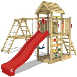 WICKEY 'Spielturm RocketFlyer', mit Schaukel & roter Rutsche, Kletterturm mit Sandkasten, Leiter & Spiel-Zubehör
