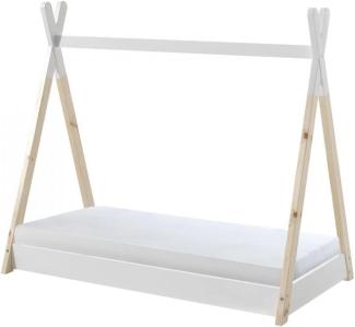 Tipi Zelt Bett inkl. Matratze und Rolllattenrost, mit Liegefläche 70 x 140 cm, Ausf. Kiefer massiv weiß/natur