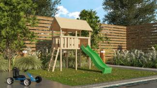 Karibu Kinderspielturm Danny Satteldach Set naturbelassen mit Rutsche grün