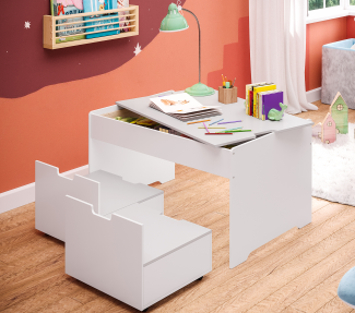 Bellabino 'Dadu' Spieltisch mit Aufbewahrungsfach, weiß/grau, inkl. 2 Aufbewahrungsboxen / Sitzhocker
