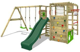 FATMOOSE Klettergerüst Spielturm ActionArena mit Schaukel & grüner Rutsche, Gartenspielgerät mit Leiter & Spiel-Zubehör