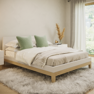 skølm 'Freyr' Bett mit Bettkopf ohne Lattenrost, Birke Massivholz, weiß/natur, 140 x 200 cm