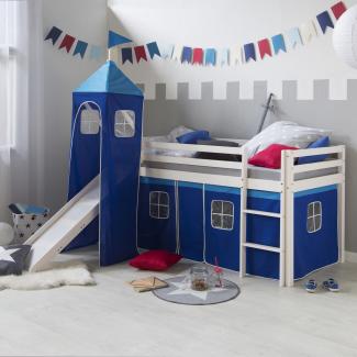 Kinderbett Hochbett Massiv Kiefer weiß blauer Vorhang, Rutsche, Turm Spielbett