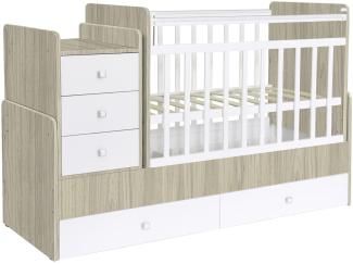 Polini Kids 'Simple 1100' Kombi-Kinderbett 60 x 120/170 cm, ulme/weiß, höhenverstellbar, mit Schaukelfunktion, inkl. Kommode