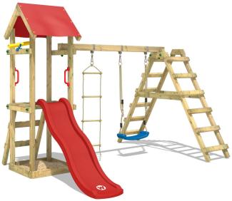 WICKEY Spielturm Klettergerüst TinyLoft mit Schaukel & roter Rutsche, Kletterturm mit Sandkasten, Leiter & Spiel-Zubehör