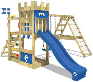 WICKEY 'Spielturm Ritterburg DragonFlyer', mit Schaukel & blauer Rutsche, Spielhaus mit Sandkasten, Kletterleiter & Spiel-Zubehör