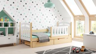 Kinderbettenwelt 'Susi' Kinderbett 90x200 cm, weiß/natur, Kiefer massiv, inkl. Lattenrost, zwei Schubladen und Matratze