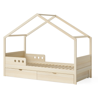 Bellabino 'Bela' Hausbett mit großer Schublade inkl. Rolllattenrost und Rausfallschutz, Kiefer massiv, natur, 90x200 cm
