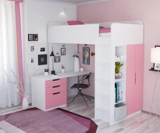 Polini Kids Funktions-Hochbett weiß/rosa, inkl. Kleiderschrank und Schreibtisch