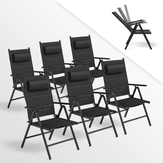 STEELSØN 'Lirael' Komfort-Gartenstühle mit Aluminium-Gestell, 6er-Set, klappbar, Rückenlehne 7-stufig verstellbar, schwarz, mit Kissen