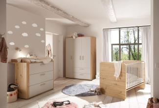 Babyzimmer Lilly 3 teilig in Asteiche und Kreidegrau matt Lack mit Kleiderschrank, Kinderbett Babybett mit Lattenrost und Wickelkommode - Kinderzimmer komplett Set von Mäusbacher - MD110949