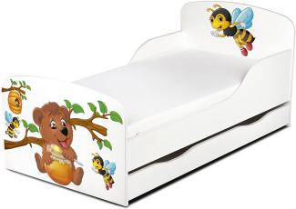 Leomark Kinderbett 70x140 cm, Bienen und Teddybär, mit Matratze, Schublade und Lattenrost