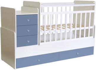 Polini Kids 'Simple 1100' Kombi-Kinderbett 60 x 120/170 cm, weiß/blau, höhenverstellbar, mit Schaukelfunktion, inkl. Kommode