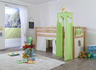 Relita Halbhohes Spielbett ALEX Buche massiv natur lackiert mit Stoffset Vorhang, Turm, Tasche