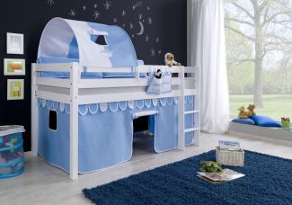 Relita Halbhohes Spielbett ALEX Buche massiv weiß lackiert mit Stoffset blau/boy