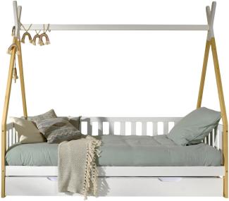 Tipi Kojen Bett mit Umrandung, Dachgestänge, Rolllattenrost und Bettschublade (Weiß), Liegefläche 90 x 200 cm, Ausf. Kiefer massive natur und weiß lackiert