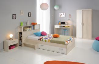 PARISOT 'Tesso' 5-tlg. Kinderzimmer-Set, akazie/weiß, aus Bett 90x200 cm inkl. Bettschublade, Nachttisch, Kleiderschrank, Schreibtisch und Anstellregal