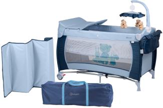 BabyGO 'Sleeper deluxe' Reisebett 60x120 cm, blau, mit Matratze, Wickelauflage, Mobile und Schlupf