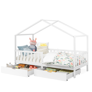 Bellabino 'Bia' Hausbett mit 2 Schubladen inkl. Lattenrost und Rausfallschutz, 90x200 cm, weiß lackiert