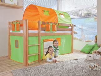 Relita Halbhohes Spielbett ALEX Buche massiv natur lackiert mit Stoffset grün/orange