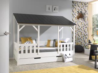Vipack Hausbett 90x200 cm, weiß, Dach in schwarz, inkl. Bettschublade