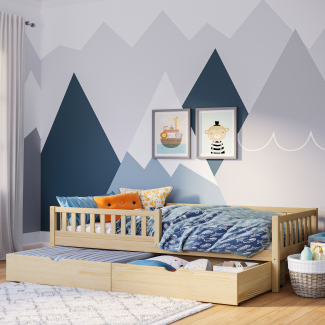 Bellabino 'Vils' Kinderbett inkl. großer Schublade, und Rausfallschutz, natur lackiert, Kiefer massiv, 90x200 cm