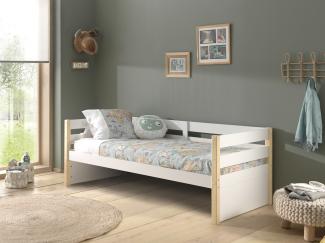Kojen Bett Margrit mit Umrandung u. Rolllattenrost, Liegefläche 90 x 200, Ausf. Weiß lackiert, Bettpfosten Kiefer natur lackiert