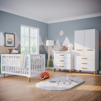 Bellabino 'Liri' 3-tlg. Babyzimmer, Set aus umbaubarem Babybett, Wickelkommode mit abnehmbarem Wickelaufsatz und 2-trg. Kleiderschrank, weiß/natur, 70 x 140 cm