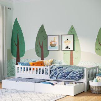 Bellabino 'Vils' Kinderbett inkl. großer Schublade und Rausfallschutz, weiß lackiert, Kiefer massiv, 90x200 cm