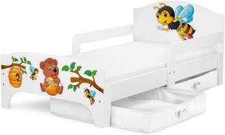 SMART Kinderbett aus Holz - Teddybär und Bienen - Einzelbett mit Schubladen und Matratze (140/70 cm)