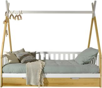 Tipi Kojen Bett mit Umrandung, Dachgestänge, Rolllattenrost und Bettschublade (Natur), Liegefläche 90 x 200 cm, Ausf. Kiefer massive natur und weiß lackiert