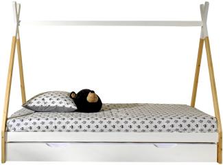 Tipi Zelt Bett Liegefläche 90 x 200 cm, inkl. Rolllattenrost und Bettschublade (Weiß), Ausf. Kiefer massiv natur/weiß